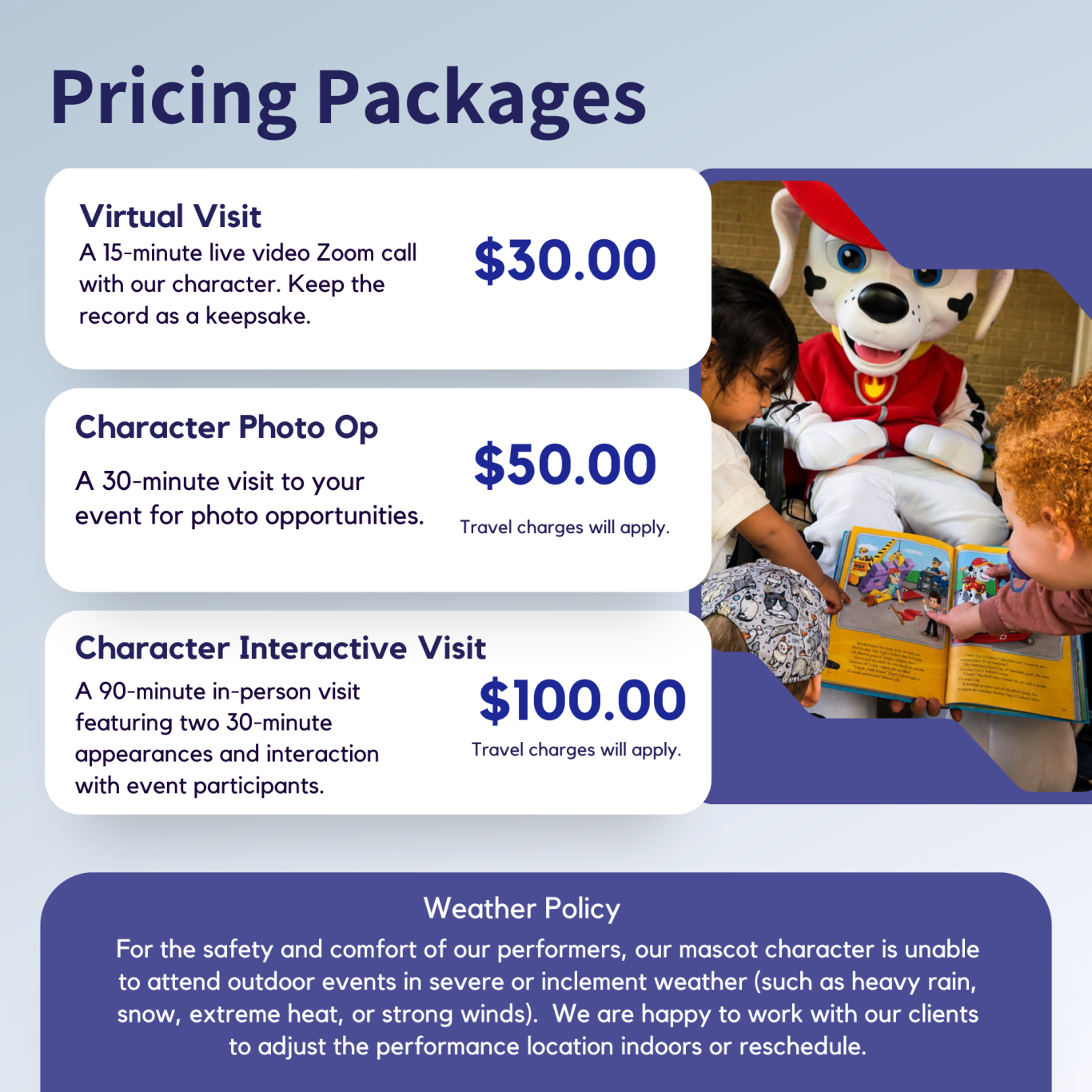 Pricing packages for 321Go Mascots, including virtual, photo-op, and interactive character visits, with pricing and weather policy.